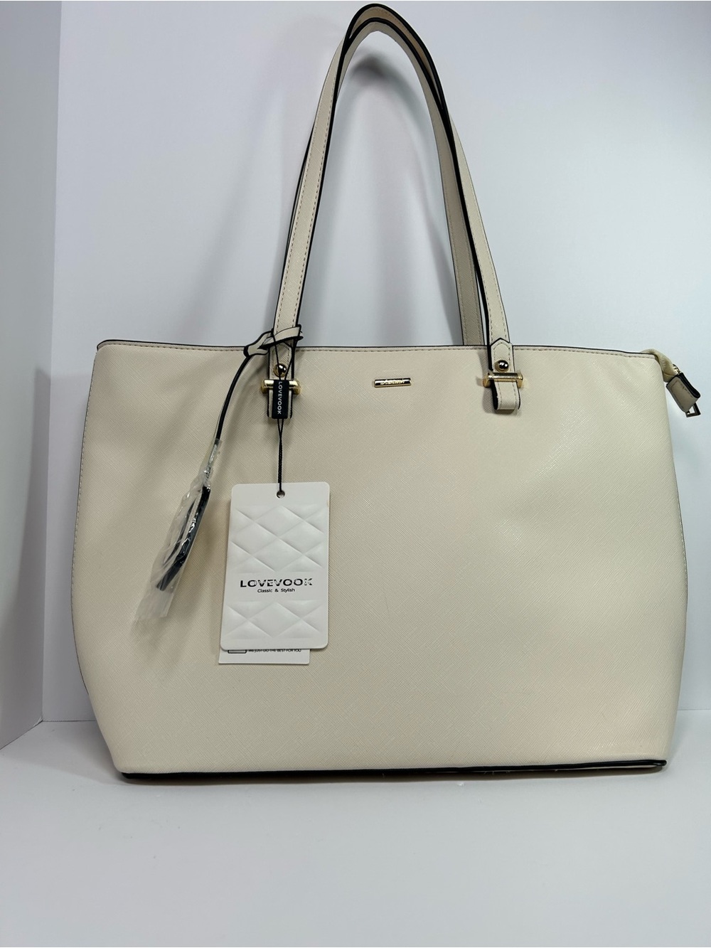 Cream Saffiano Shoulder Tote with Double Straps